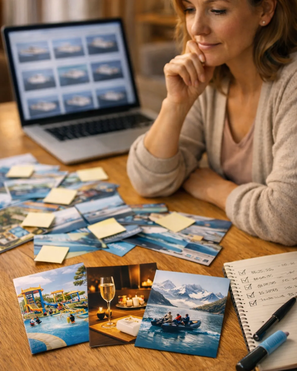 Mesa con post-its y opciones de viaje, sensación de demasiadas opciones