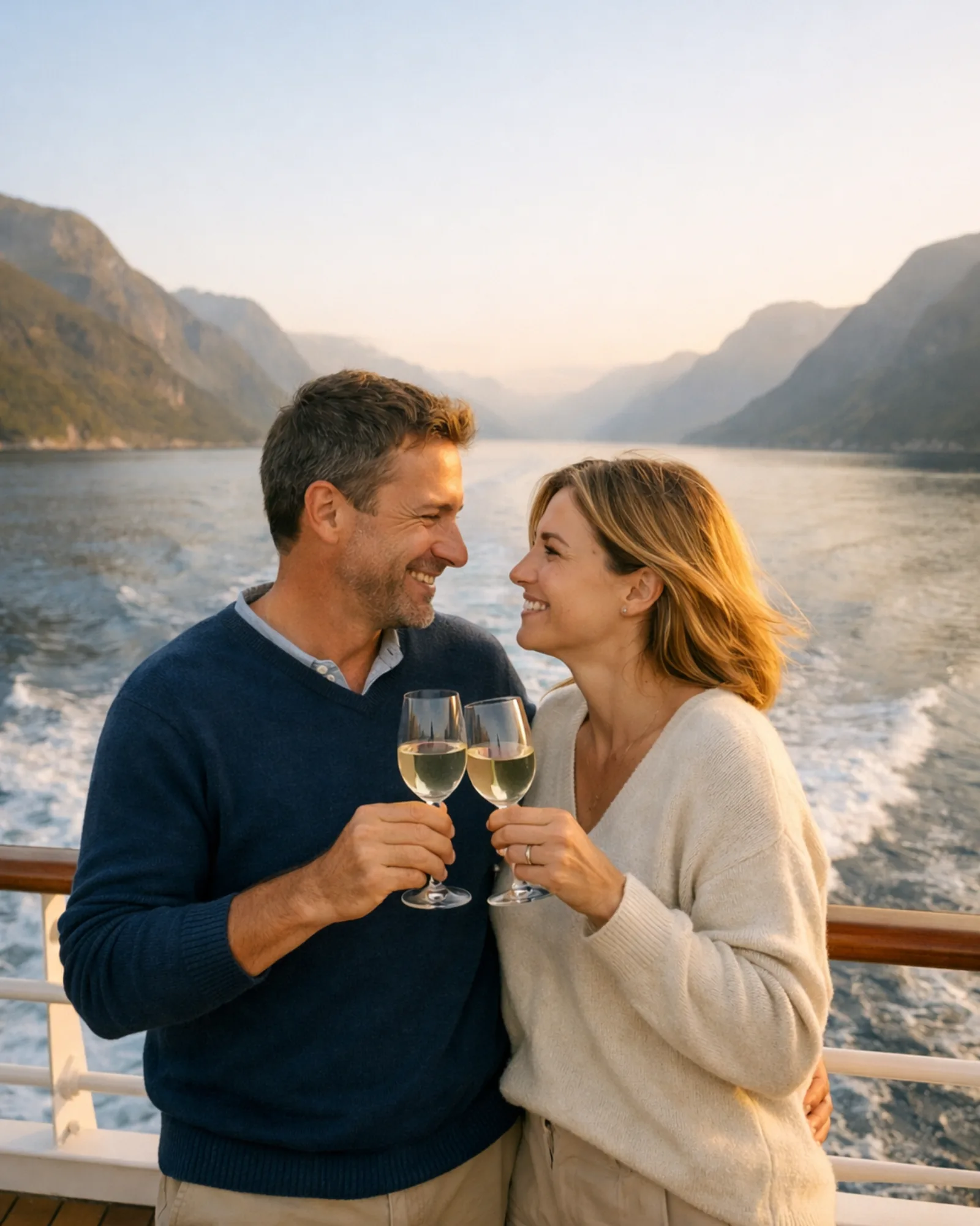Pareja brindando en un crucero con fiordos al fondo